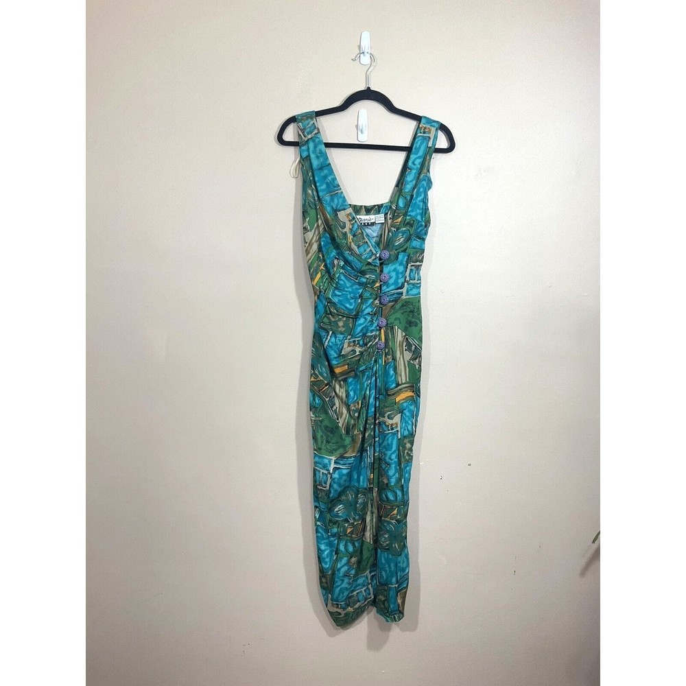VTG Marnie West Womens Abstract Wrap Maxi Dress 7 Blue Buttons Art 90s Beach NWT